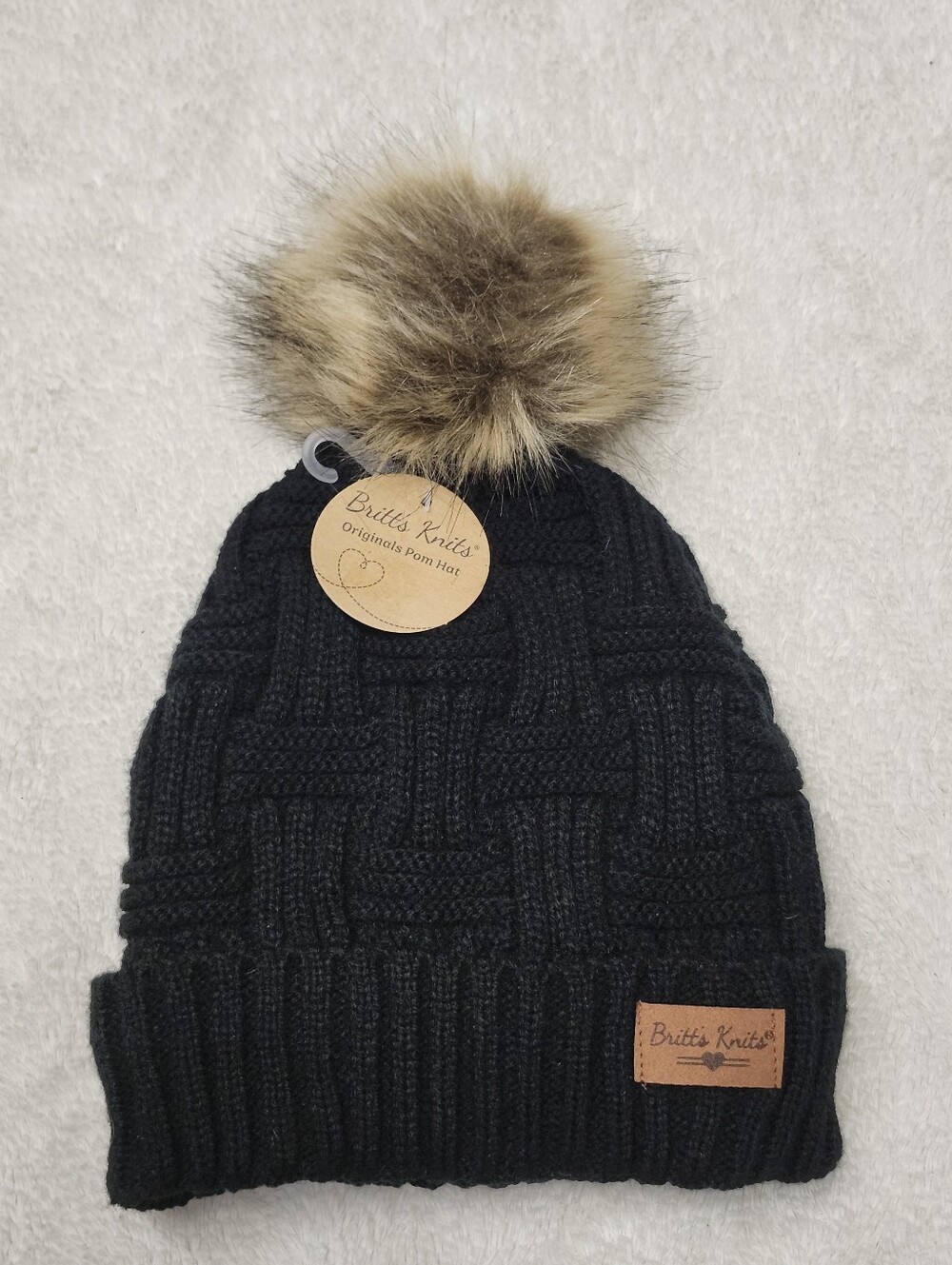 NWT Britt's Knits Basketweave Plush-Lined Pom Hat One Size Fits Most Black